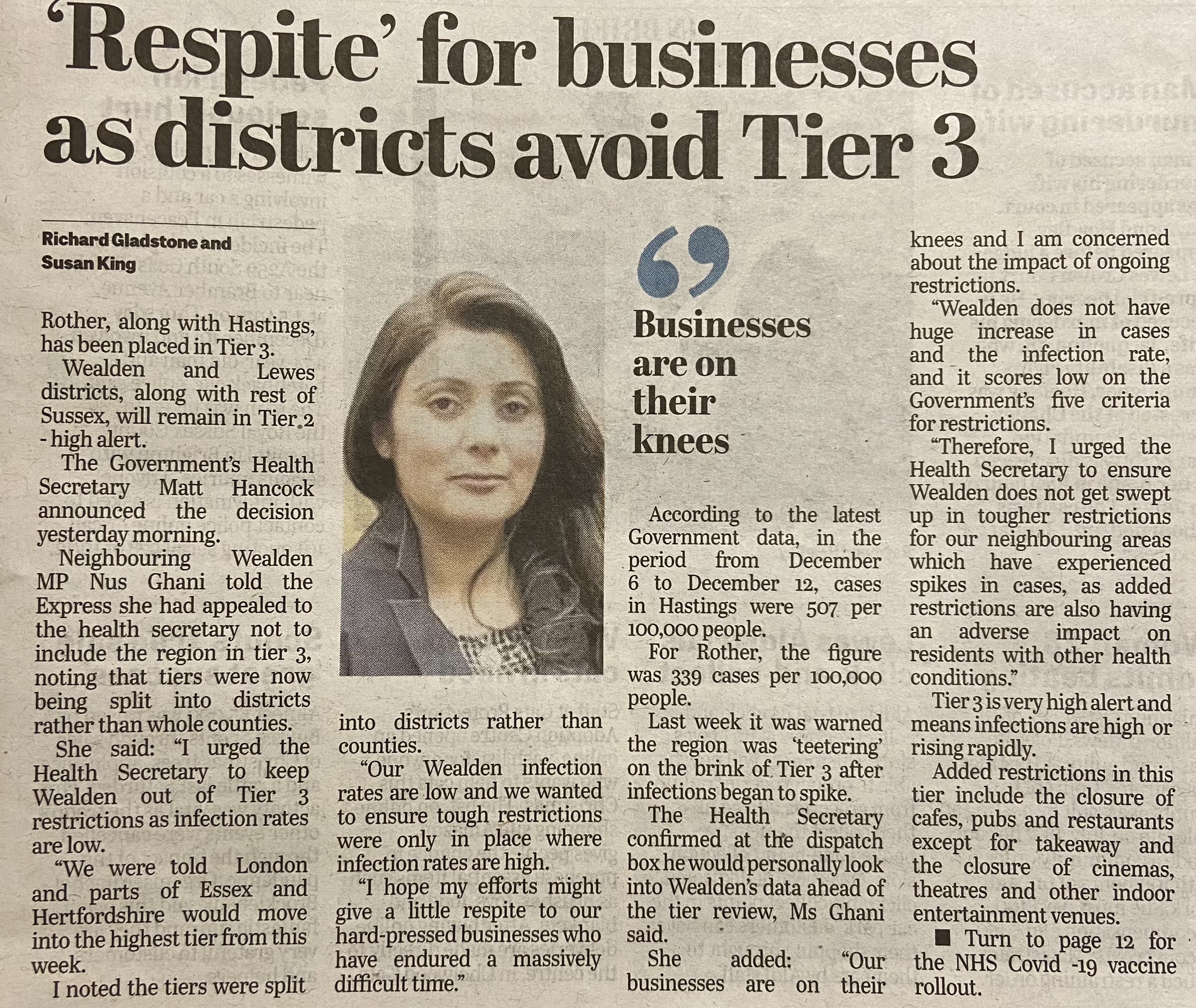 Sussex Express -'Respite' for businesses as districts avoid Tier 3